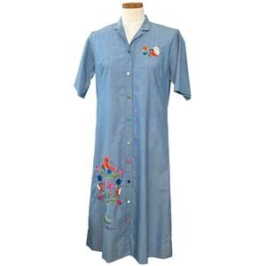 Vintage Helen Cerda 70s Hand Embroidered Chambray Shift Dress 14 Floral Midi